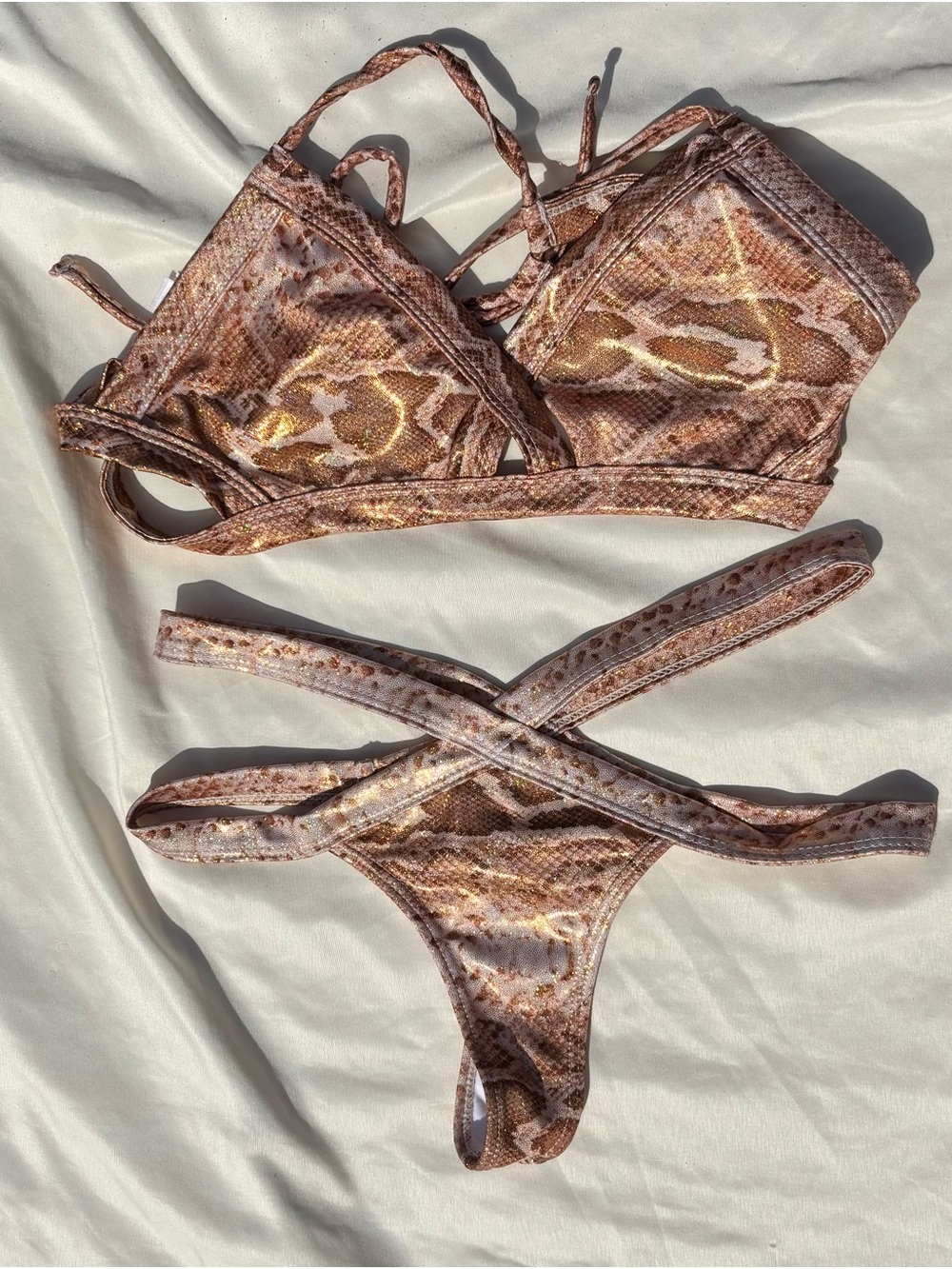 Metallic Brown Snake-Print Bikini Set with Crisscross Straps